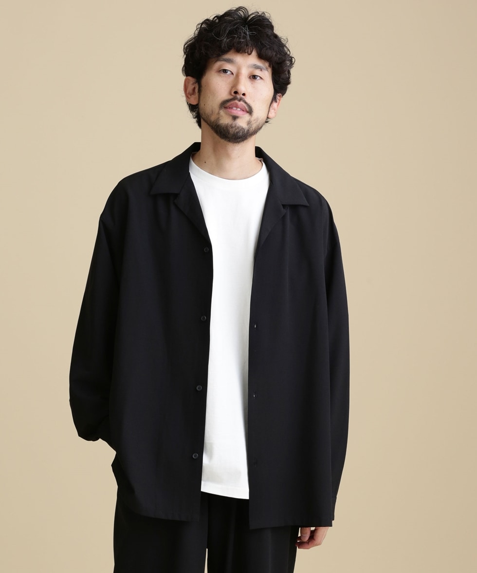 LB.04/ストレッチワイドオープンカラーシャツ 長袖 / ブラック