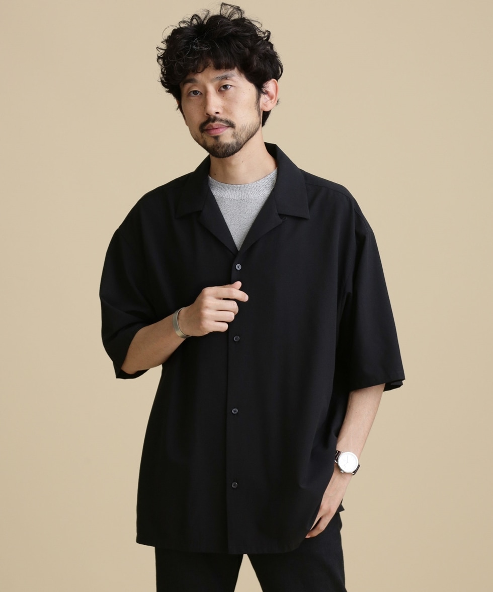 LB.04/ストレッチワイドオープンカラーシャツ 半袖 / ブラック