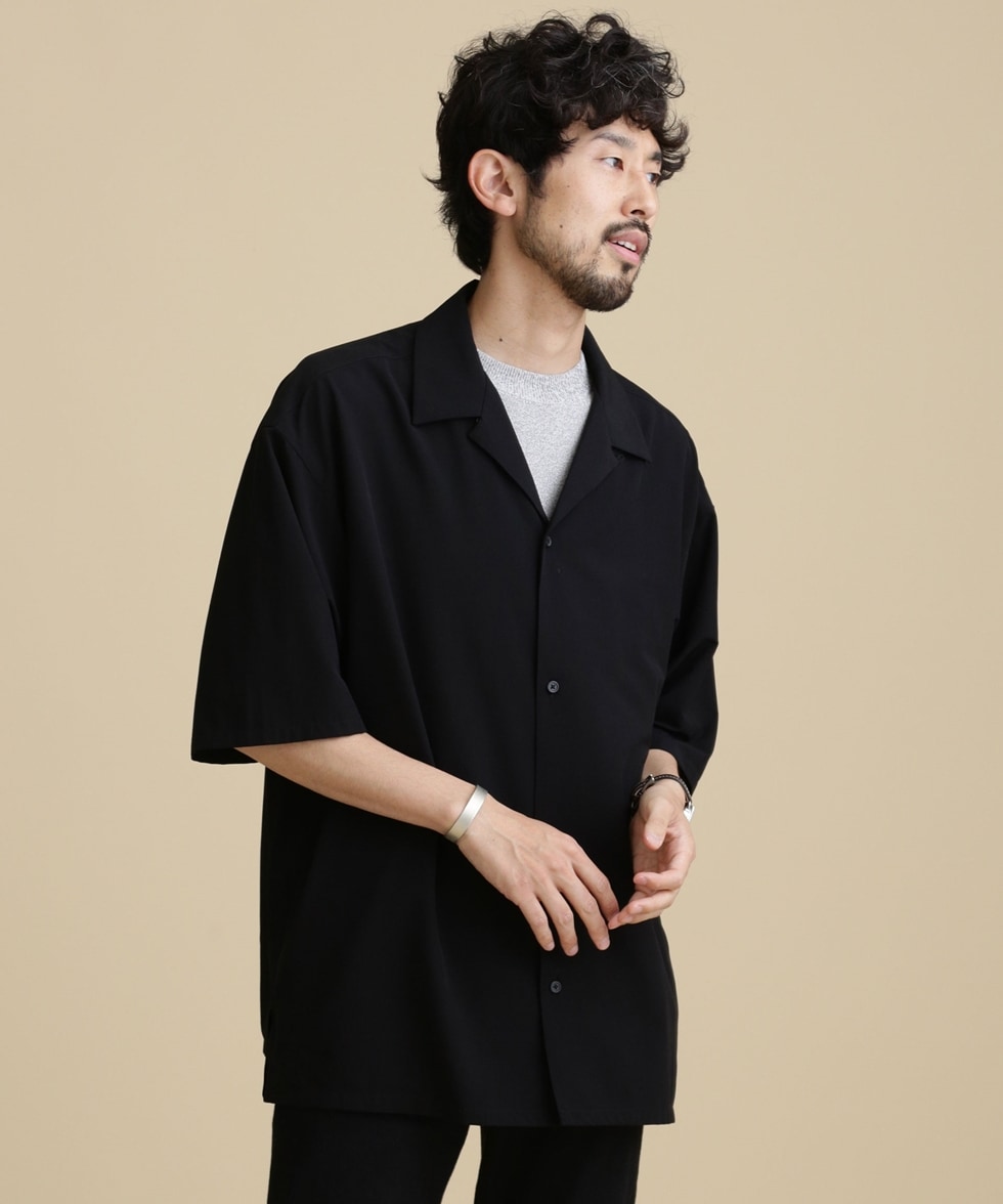 LB.04/ストレッチワイドオープンカラーシャツ 半袖 / ブラック