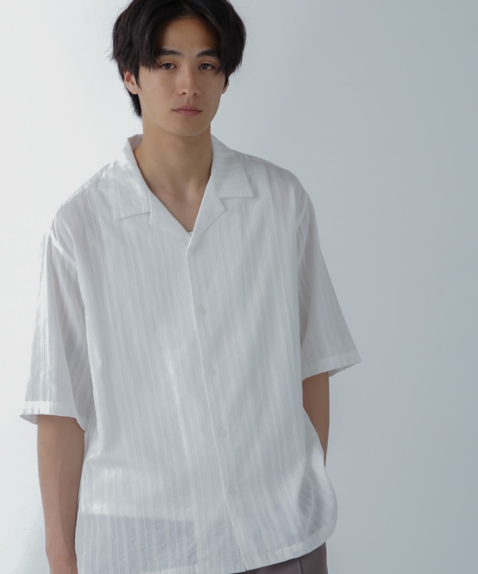ローンストライプ オープンカラー ビッグシャツ 半袖 / ホワイト 