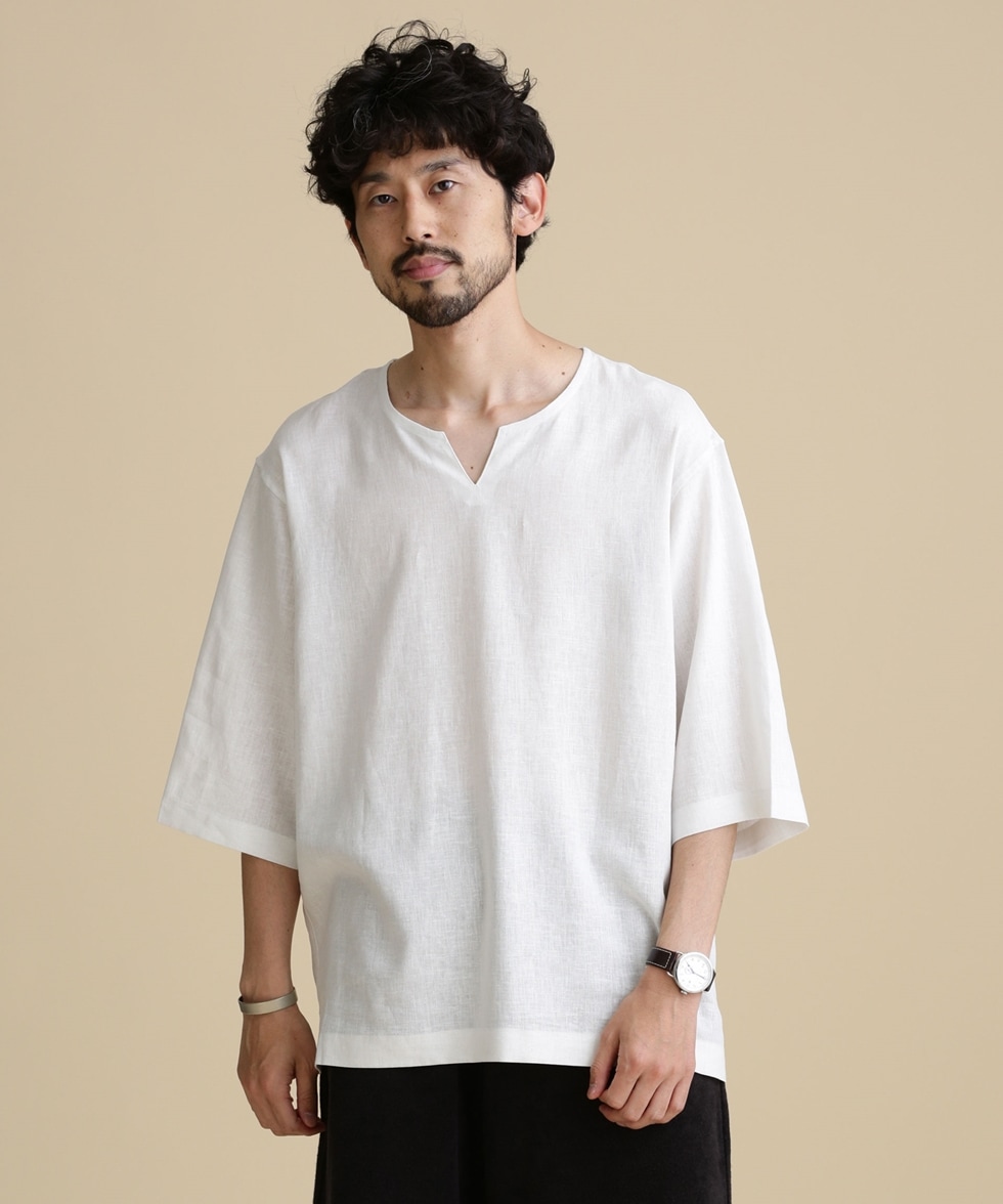 LB.04/フレンチリネンプルオーバーシャツ 五分袖 / ブラック 