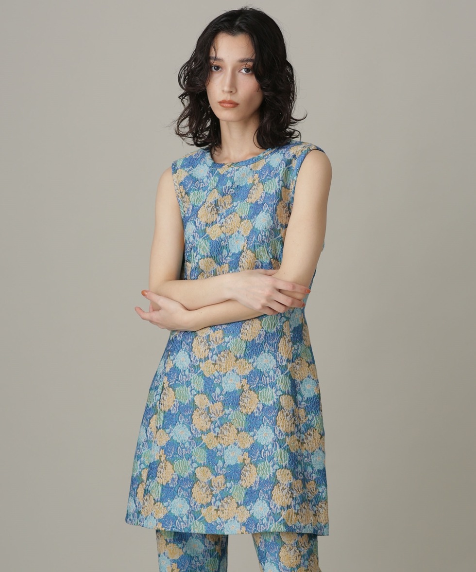 Flower Jacquard ノースリーブブラウス / ブルーグリーン | 6713121003