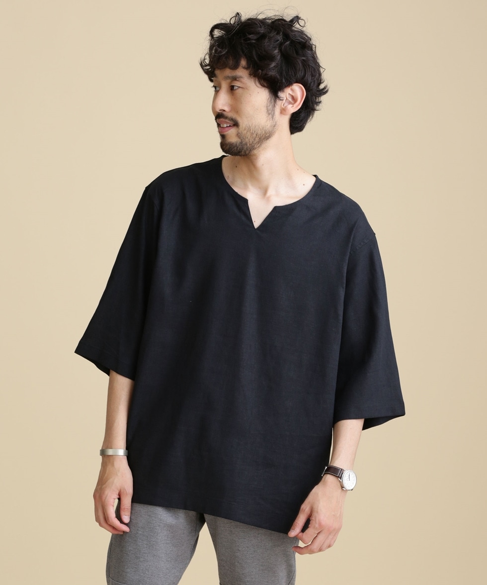 LB.04/フレンチリネンプルオーバーシャツ 五分袖 / ブラック
